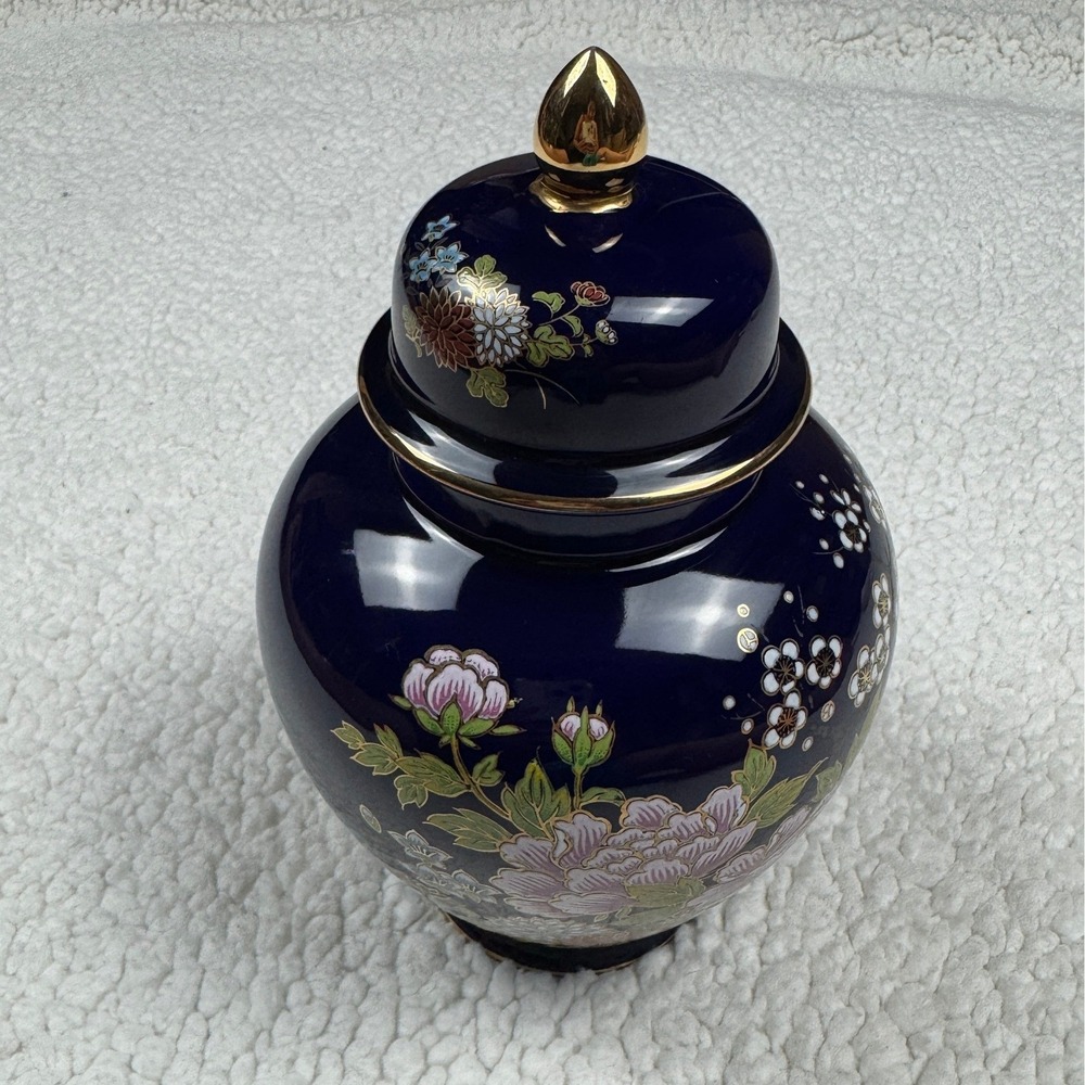Vintage Cobalt Blue Porcelain Ginger Jar Floral Peony Gold Trim Made in Japan